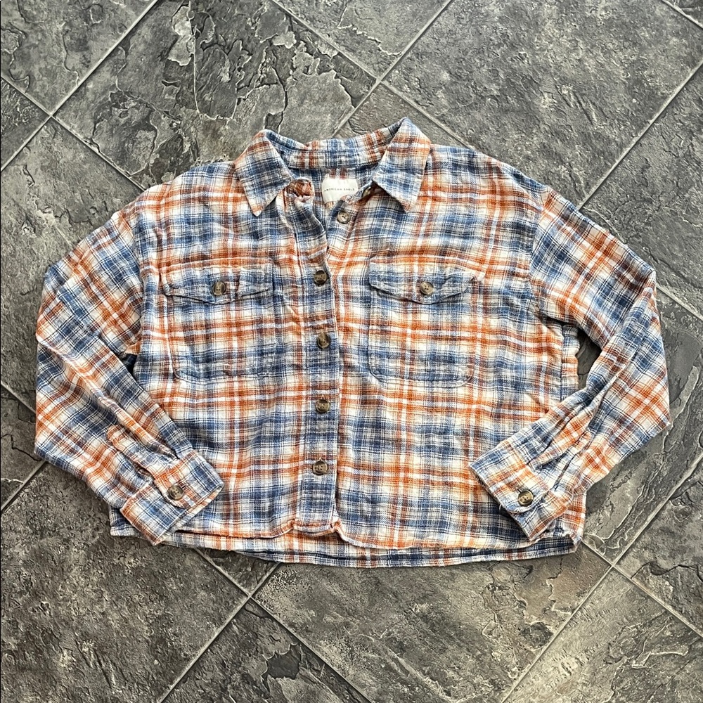 AMERICAN EAGLE Women’s Plaid Crop Preppy Urban Grunge Cottagecore Button Shirt